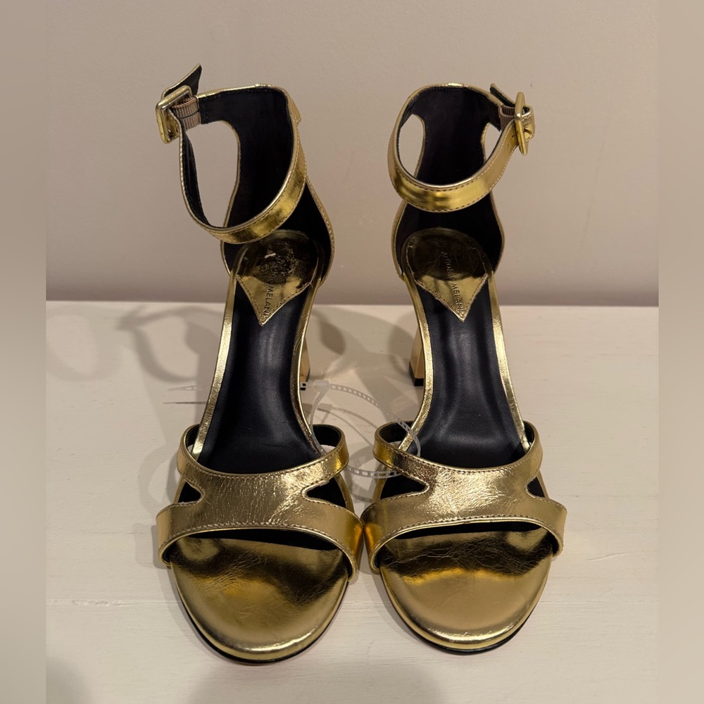 Antonio Melani Calla Leather Double Banded Dress Sandals in Cracked Foil Gold - Picture 3 of 15